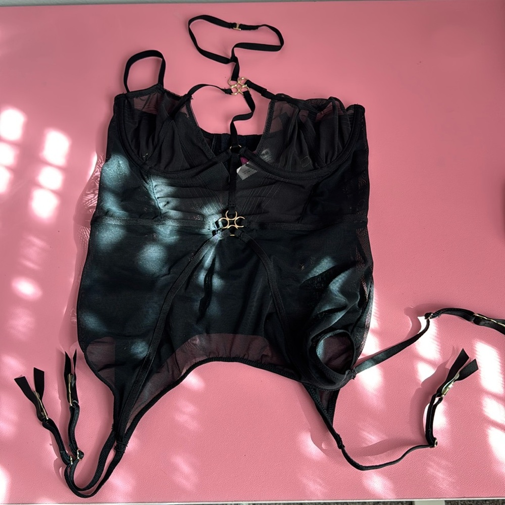 Black mesh lingerie top with garter belts